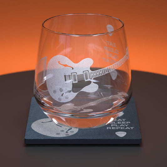Glass tumbler and slate coaster set engraved with an electric guitar and amp with the words Eat, Sleep, Play, Repeat