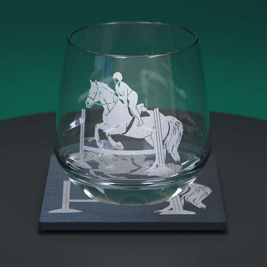 horse jumping tumbler glass with matching slate coaster