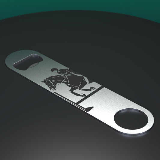 Stainless steel bottle opener engraved with horse jumping scene