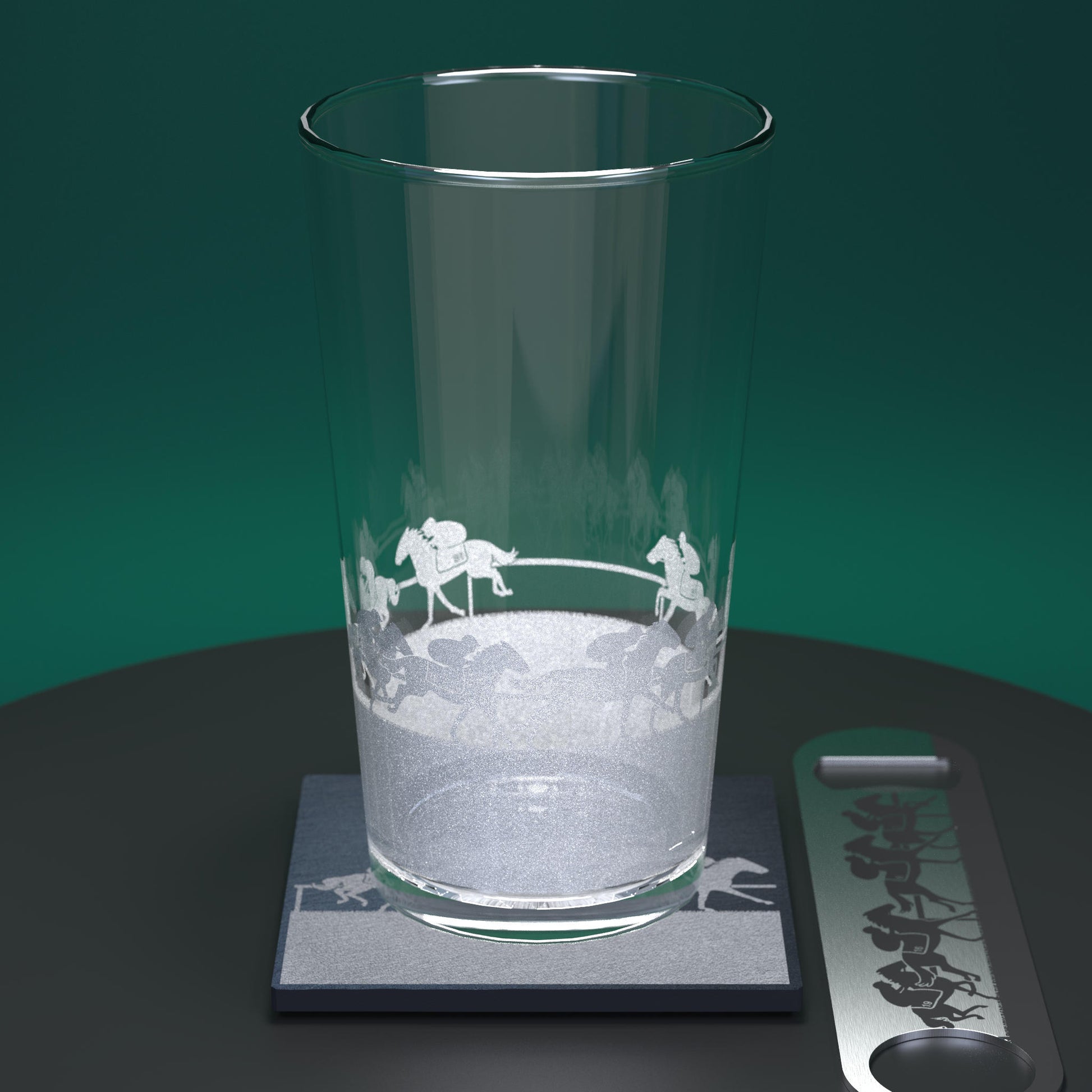 Pint glass set comprising glass, slate coaster and stainless steel bottle opener engraved with a horse racing scene