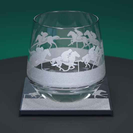 Glass whiskey tumbler set comprising glass and slate coaster engraved with a horse racing scene