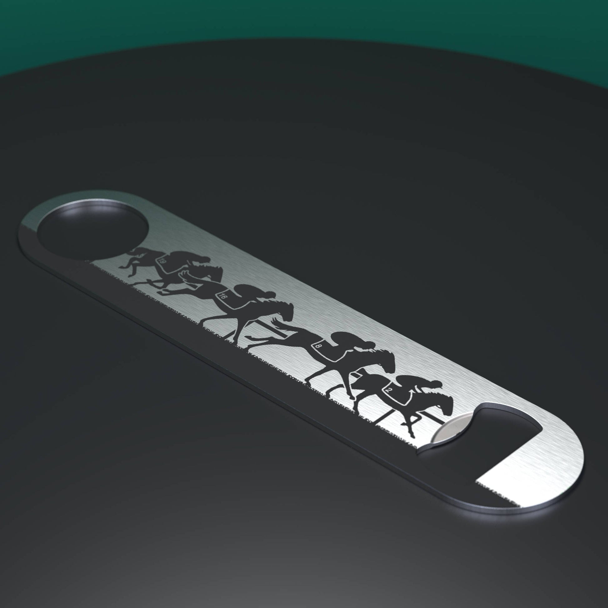 Stainless steel bottle opener engraved with a horse racing scene