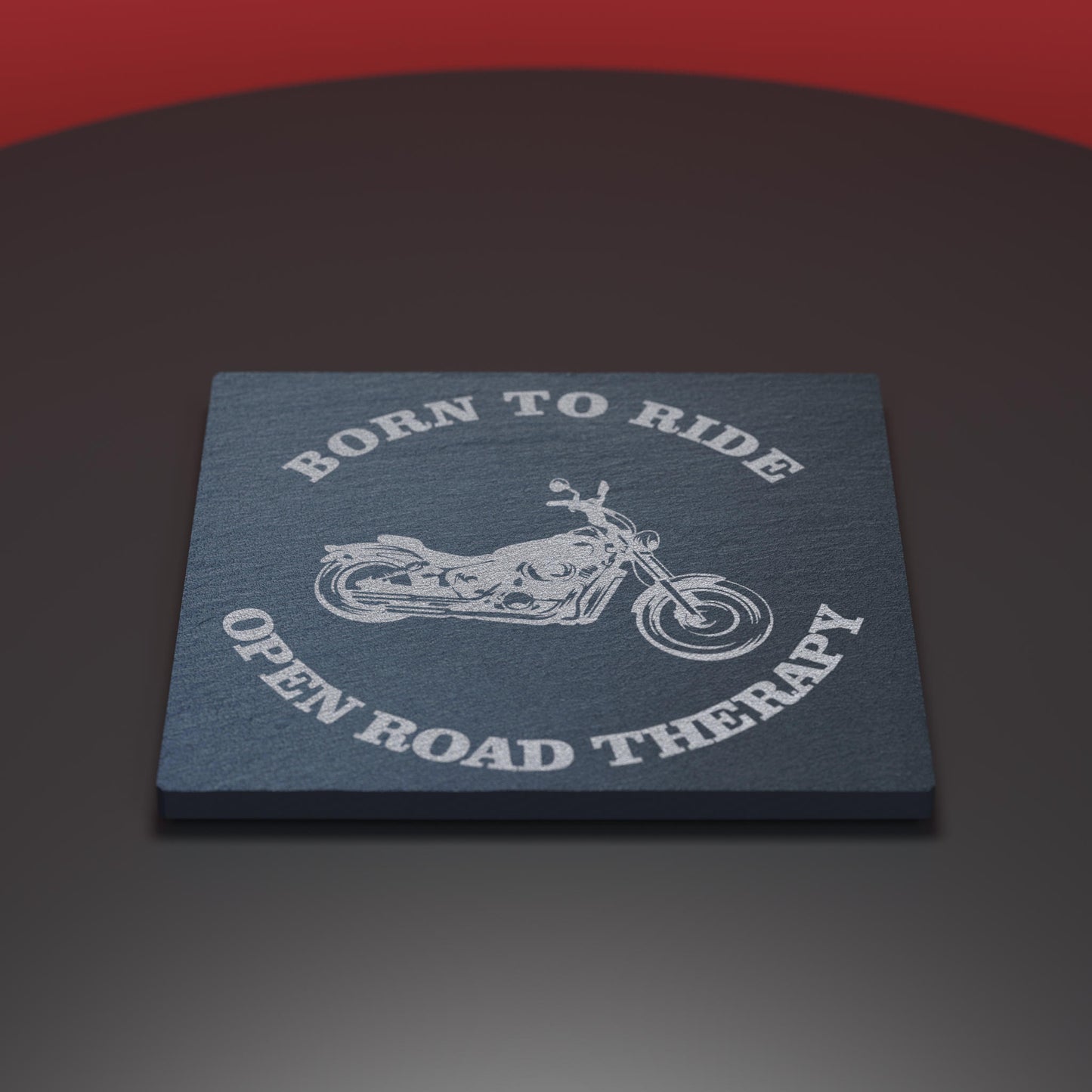 Slate coaster engraved with motorbike and words Born to Ride - Open Road Therapy