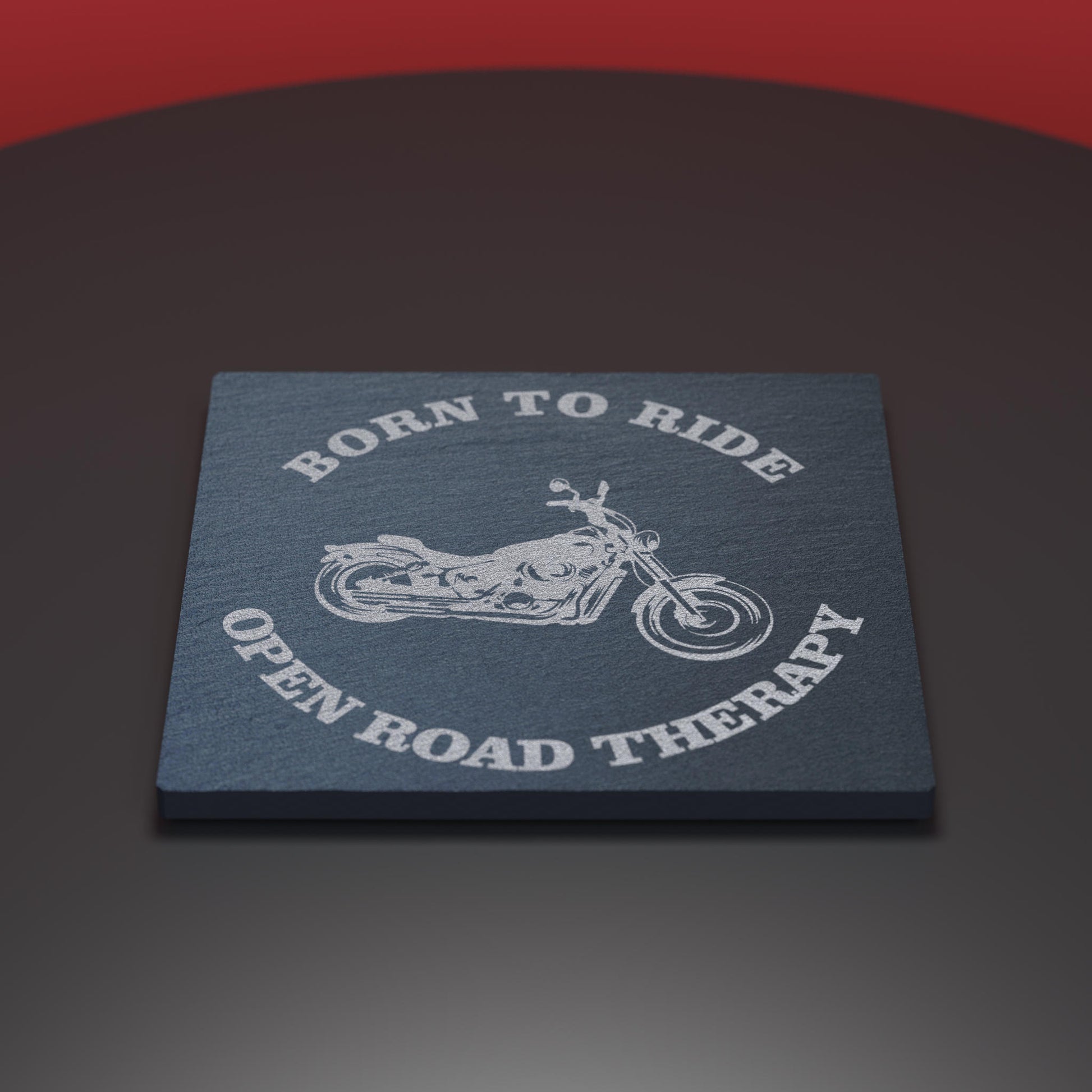 Slate coaster engraved with motorbike and words Born to Ride - Open Road Therapy