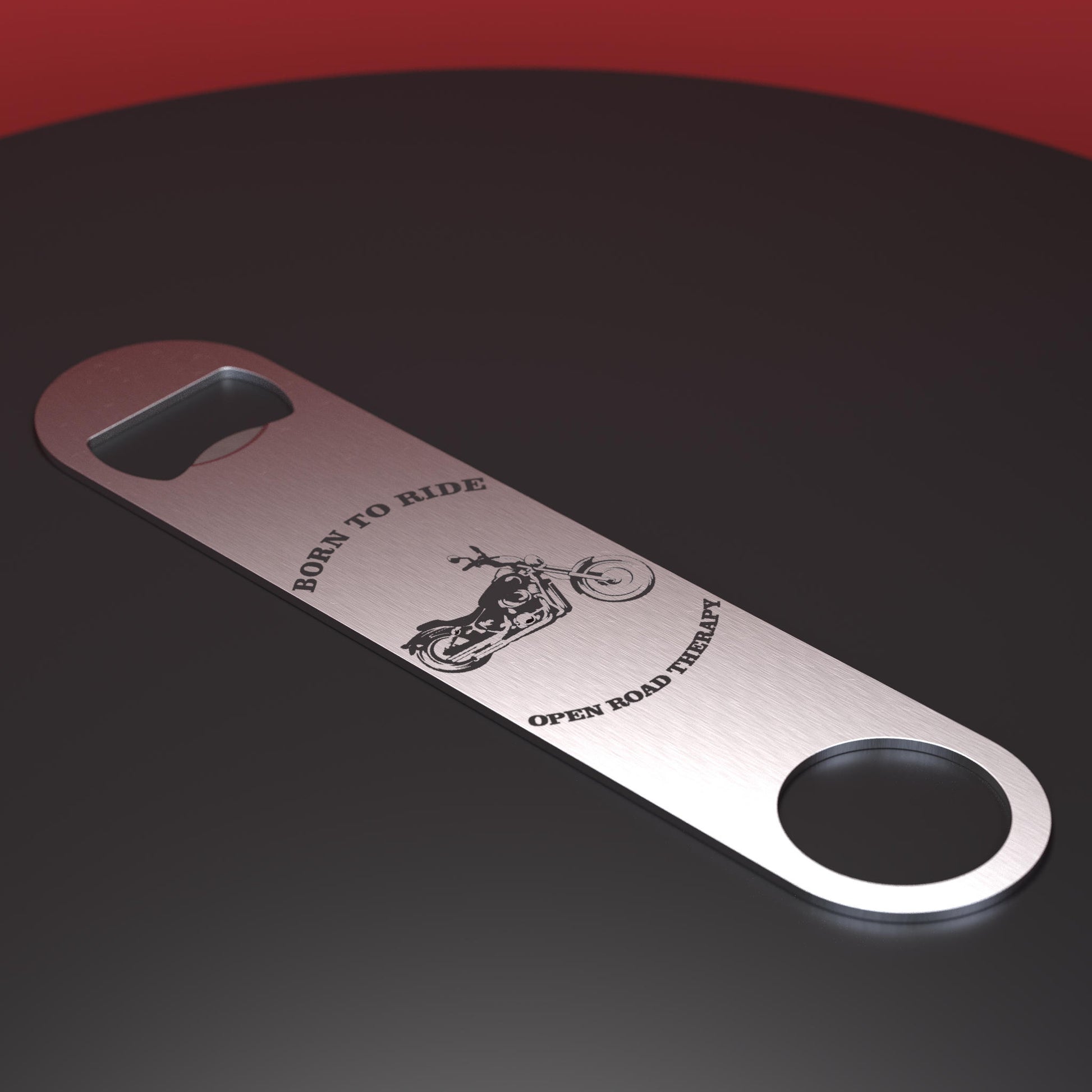 Stainless steel bottle opener engraved with motorbike and words Born to Ride - Open Road Therapy