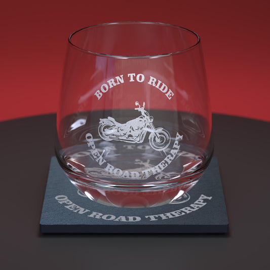 Glass whiskey tumbler set including glass and slate coaster engraved with motorbike and words Born to Ride - Open Road Therapy