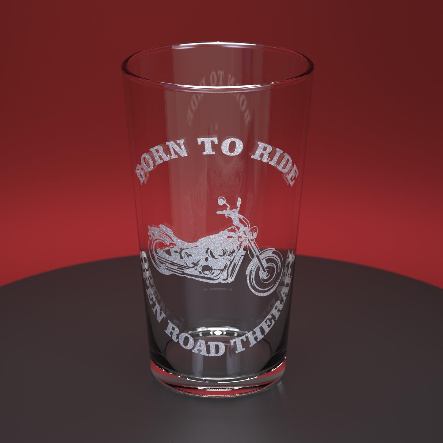 Pint glass engraved with motorbike and words Born to Ride - Open Road Therapy
