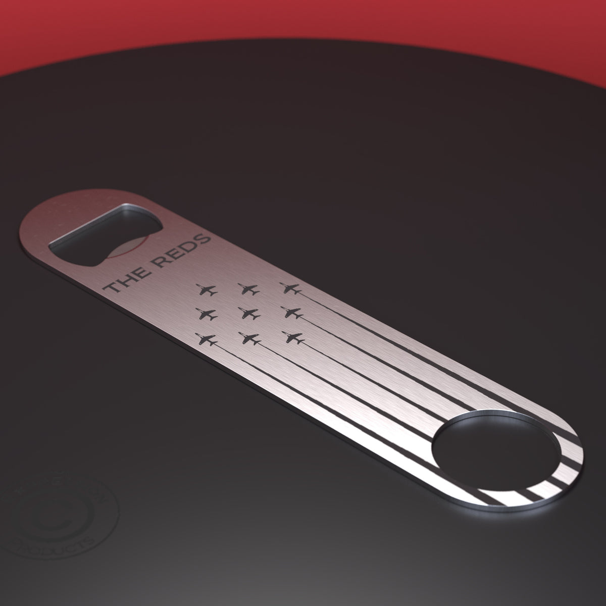 Stainless Steel Bottle Opener with The Red Arrows design on, with writing which says The Reds