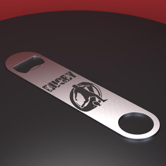 Stainless steel bottle opener engraved with rugby player and ball with the word Rugby