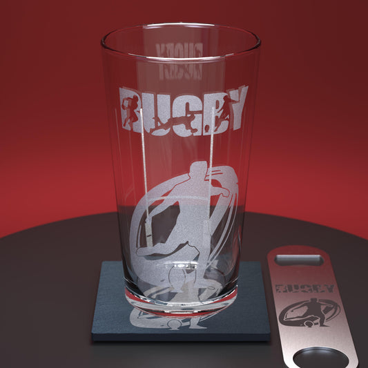 Pint glass set including glass, slate coaster and stainless steel coaster engraved with rugby player and ball with the word Rugby