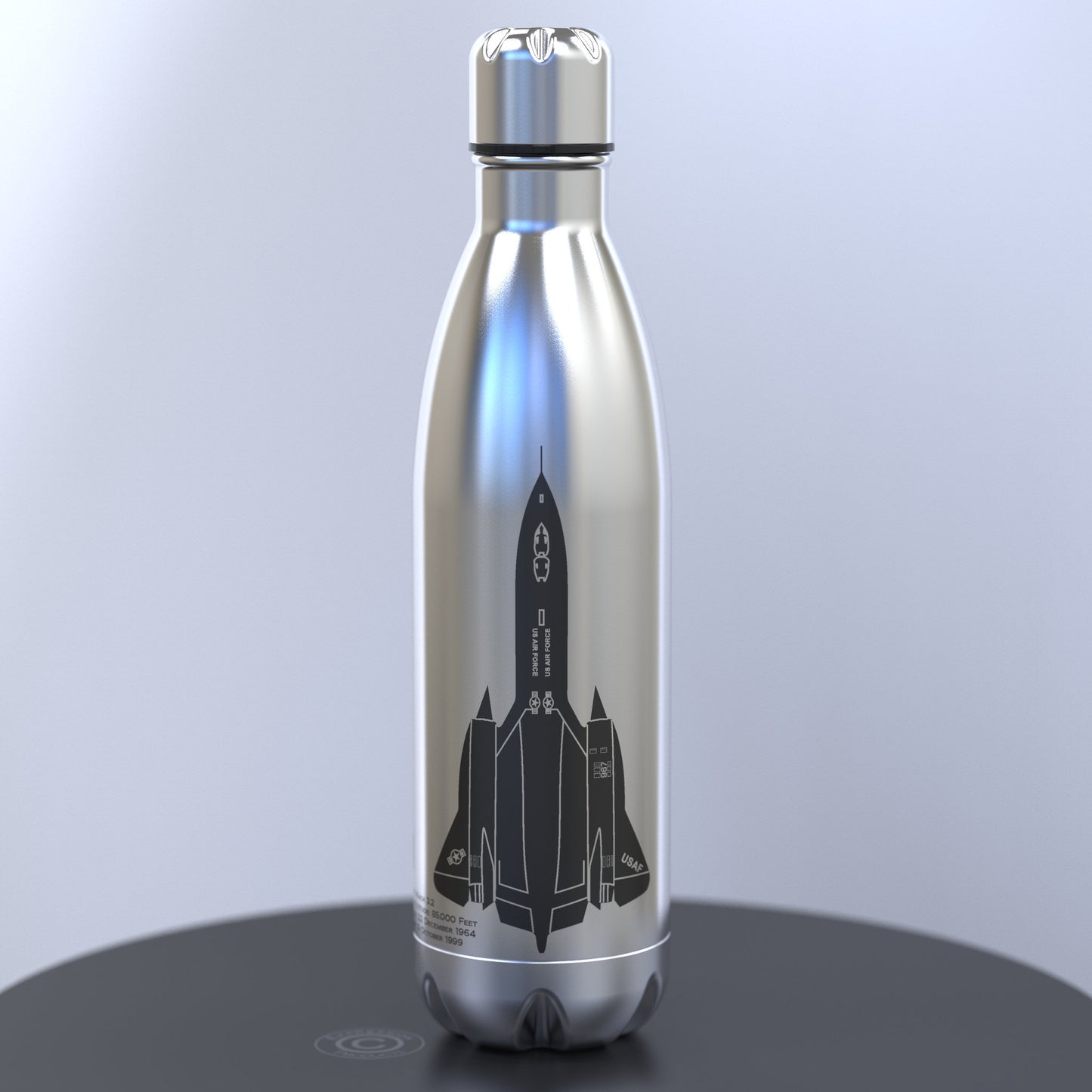 USAF Blackbird SR 71 Engraved Stainless Steel Water Bottle in Silver with Black Image