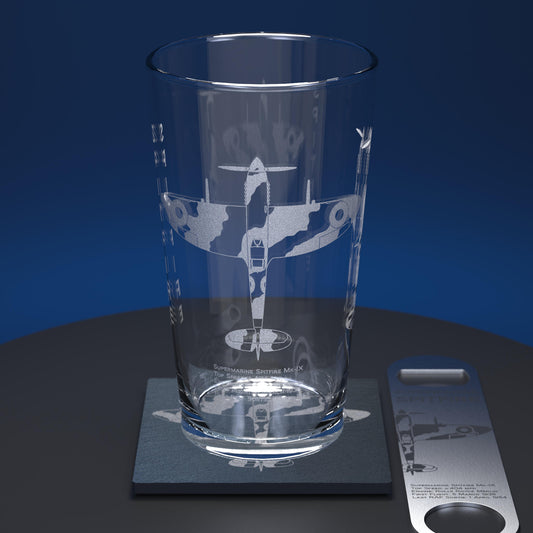 Pint glass set including glass, slate coaster and stainless steel bottle opener engraved with a Spitfire and factual information text