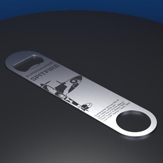 Stainless steel bottle opener engraved with a Spitfire and factual information text