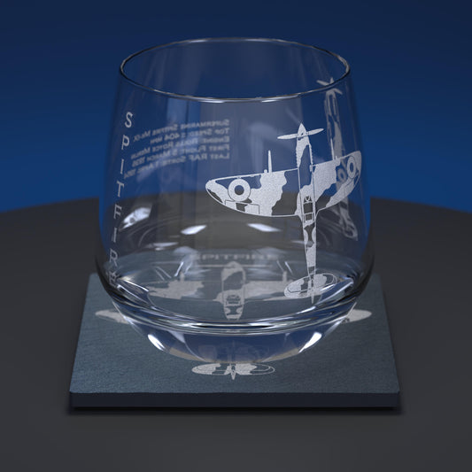 Glass whiskey tumbler engraved with a Spitfire and factual information text