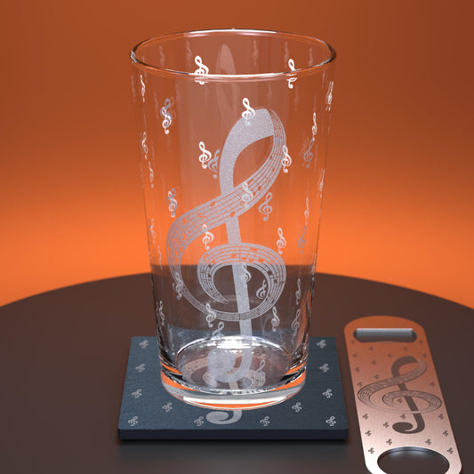 Pint glass set comprising of glass, slate coaster and stainless steel bottle opener engraved with treble clefs