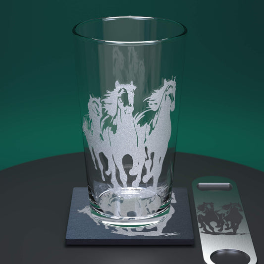 Pint glass set including glass, slate coaster and stainless steel bottle opener engraved wild horse design