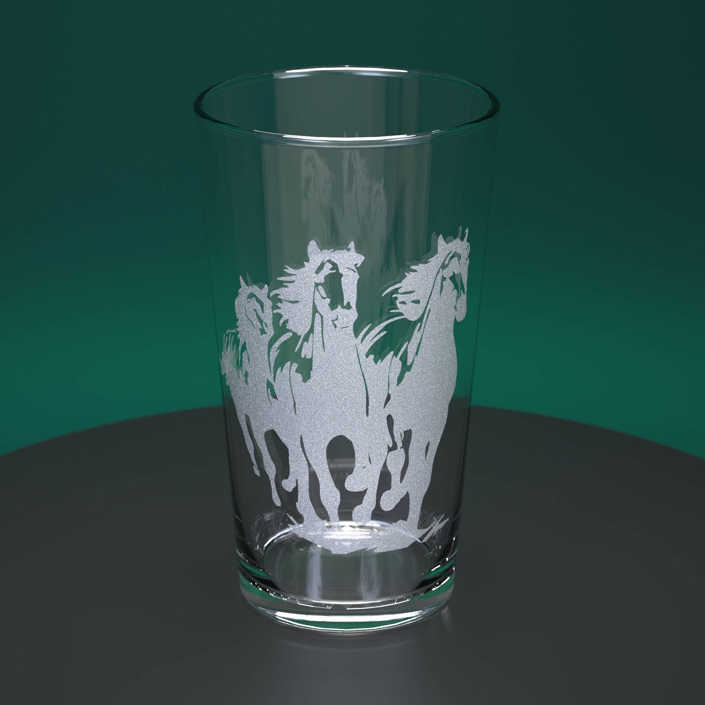 Pint glass engraved wild horse design