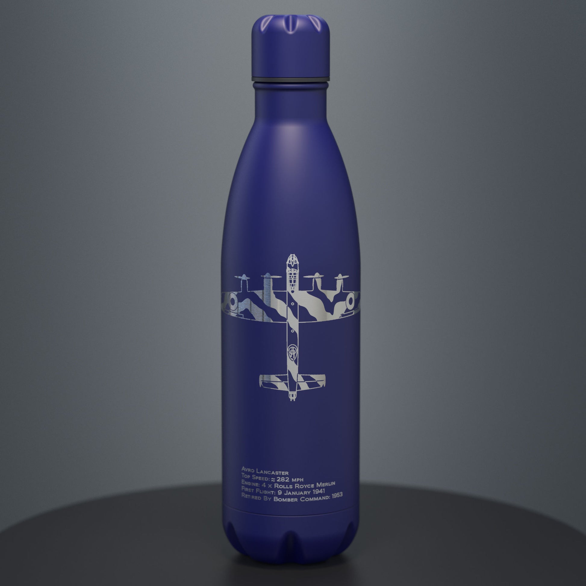 blue stainless steel insulated drinks bottle engraved with the iconic lancaster bomber