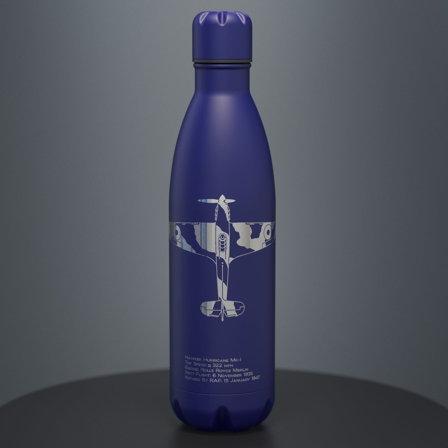 hawker hurricane fighter engraved on blue stainless steel insulated water bottle