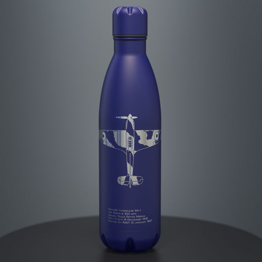 hawker hurricane fighter engraved on blue stainless steel insulated water bottle