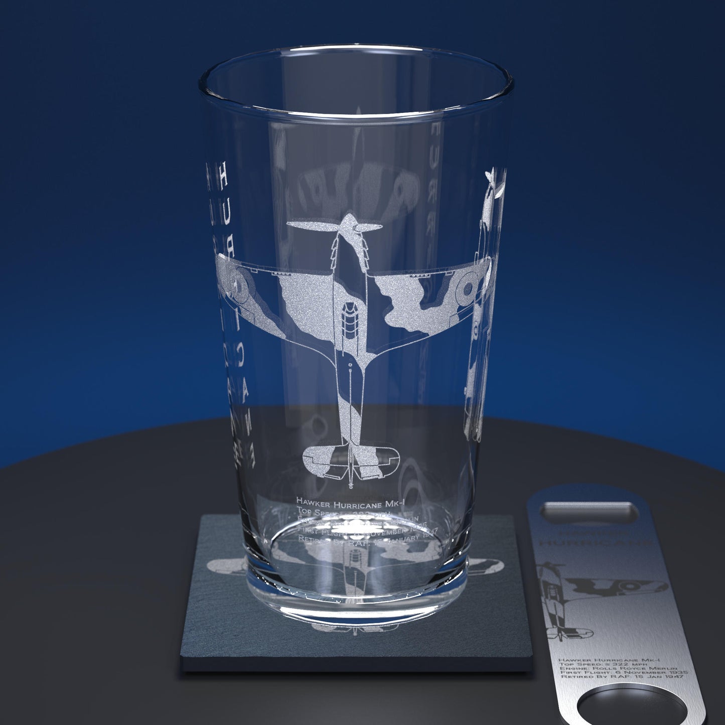 Pint glass set comprising of glass, slate coaster and stainless steel bottle opener engraved with WW2 hurricane aircraft and facts