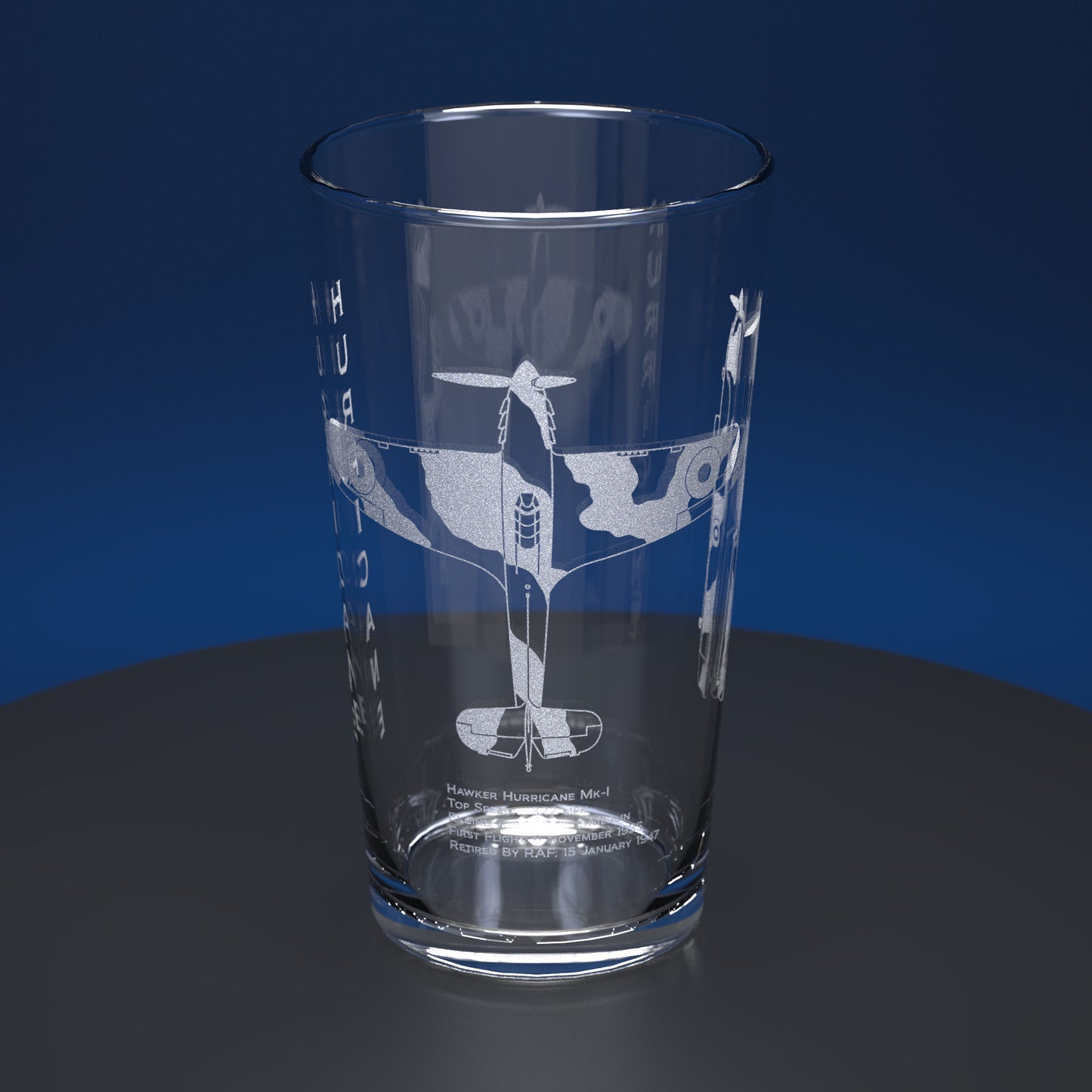 Pint glass engraved with WW2 hurricane aircraft and facts