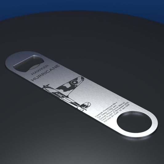 Stainless steel bottle opener engraved with WW2 hurricane aircraft and facts