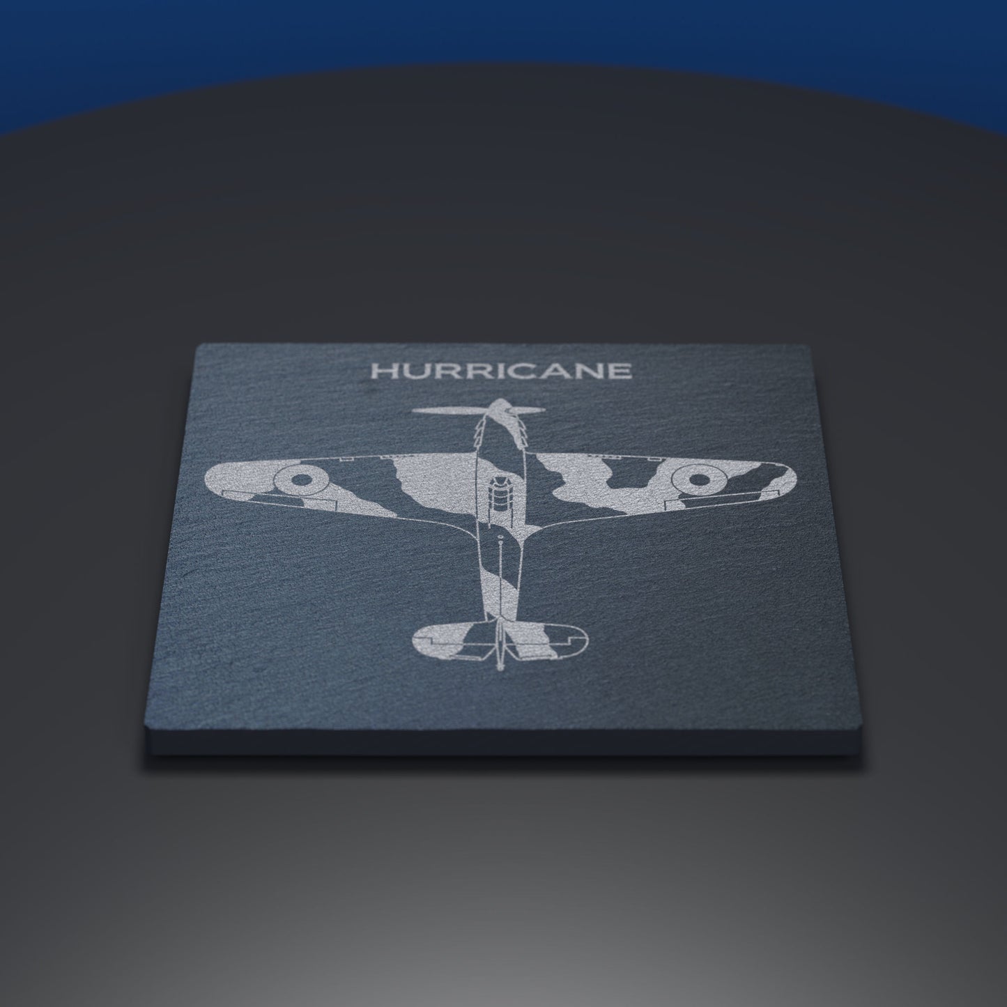 Slate coaster engraved with WW2 hurricane aircraft and facts