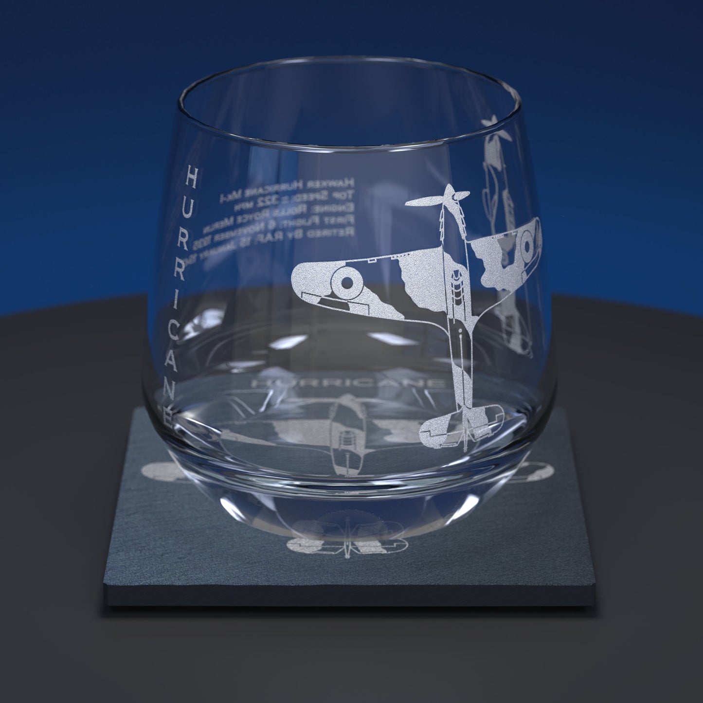Glass whiskey tumbler set including glass and slate coaster engraved with WW2 hurricane aircraft and facts