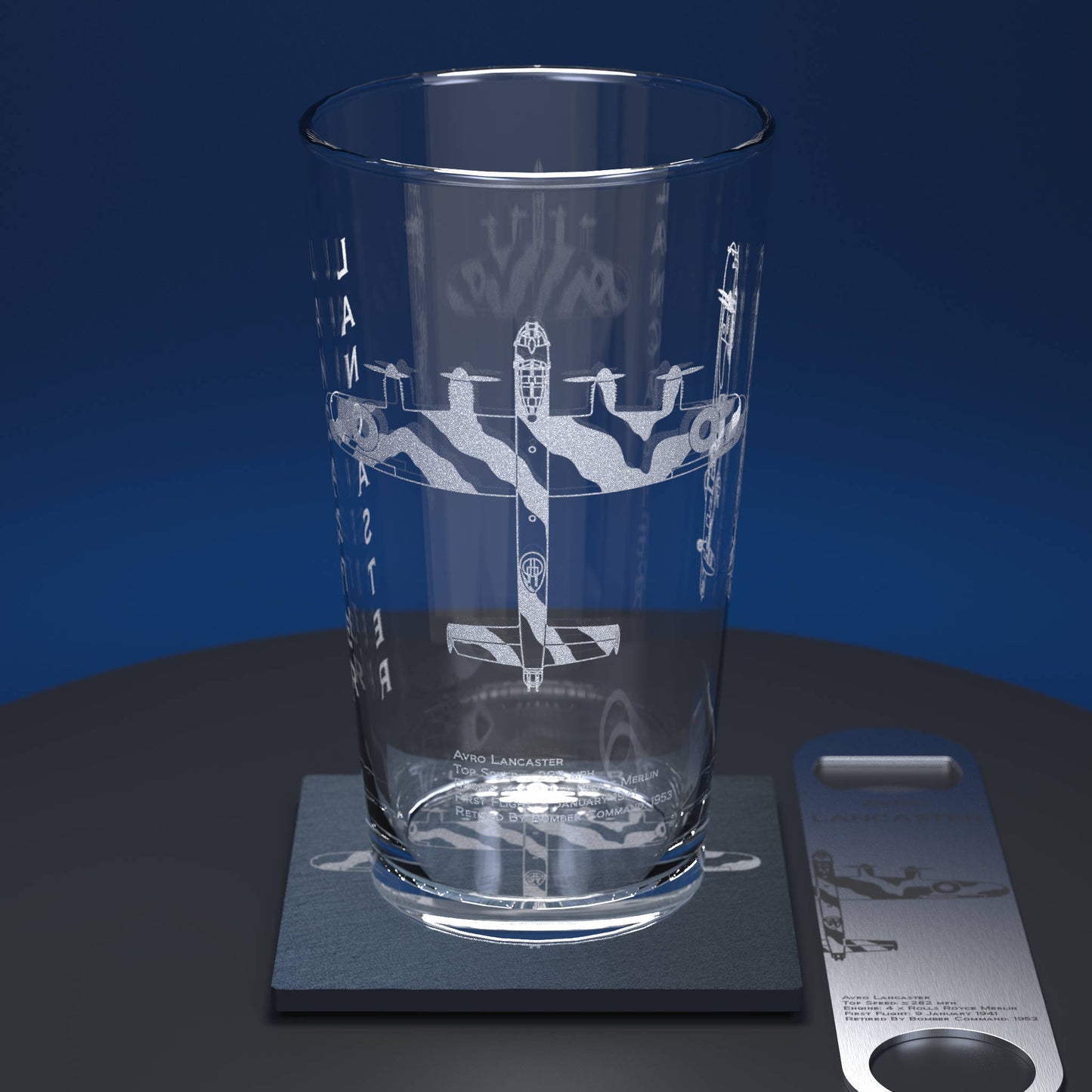 Pint glass engraved with ww2 lancaster bomber aircraft together with an engraved slate coaster and engraved stainless steel bottle opener 