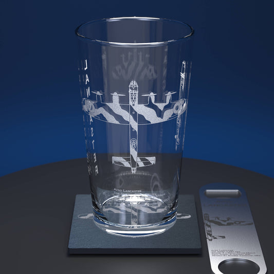 Pint glass engraved with ww2 lancaster bomber aircraft together with an engraved slate coaster and engraved stainless steel bottle opener 
