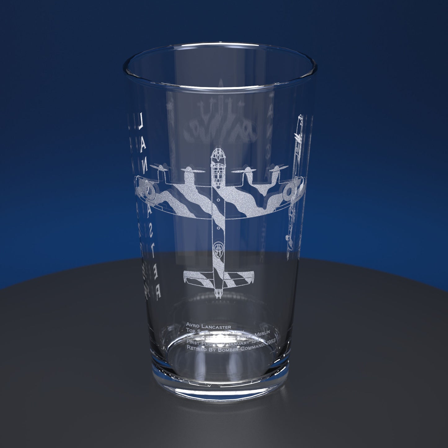 pint glass engraved with WW2 Lancaster Bomber aircraft