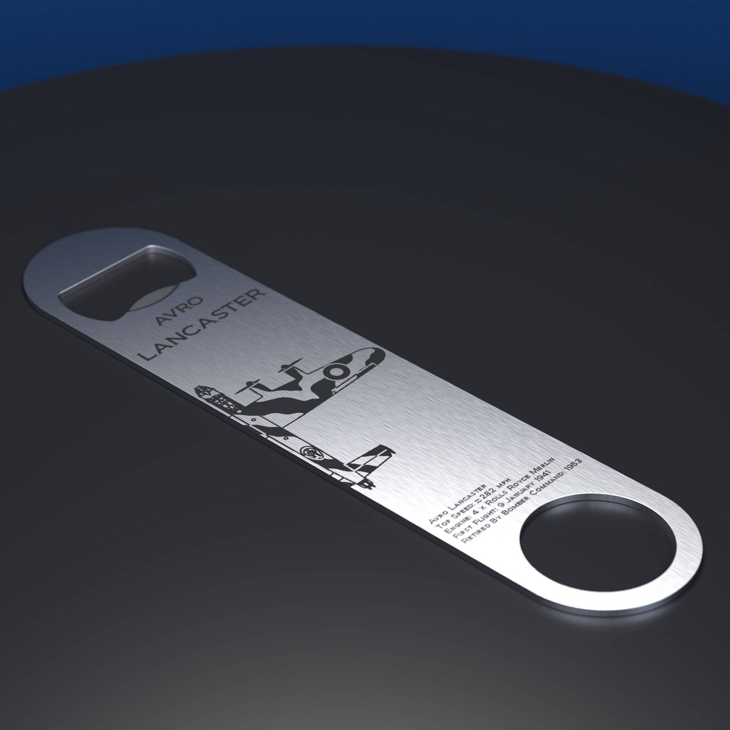 Stainless steel bottle opener engraved with WW2 Lancaster Bomber Aircraft