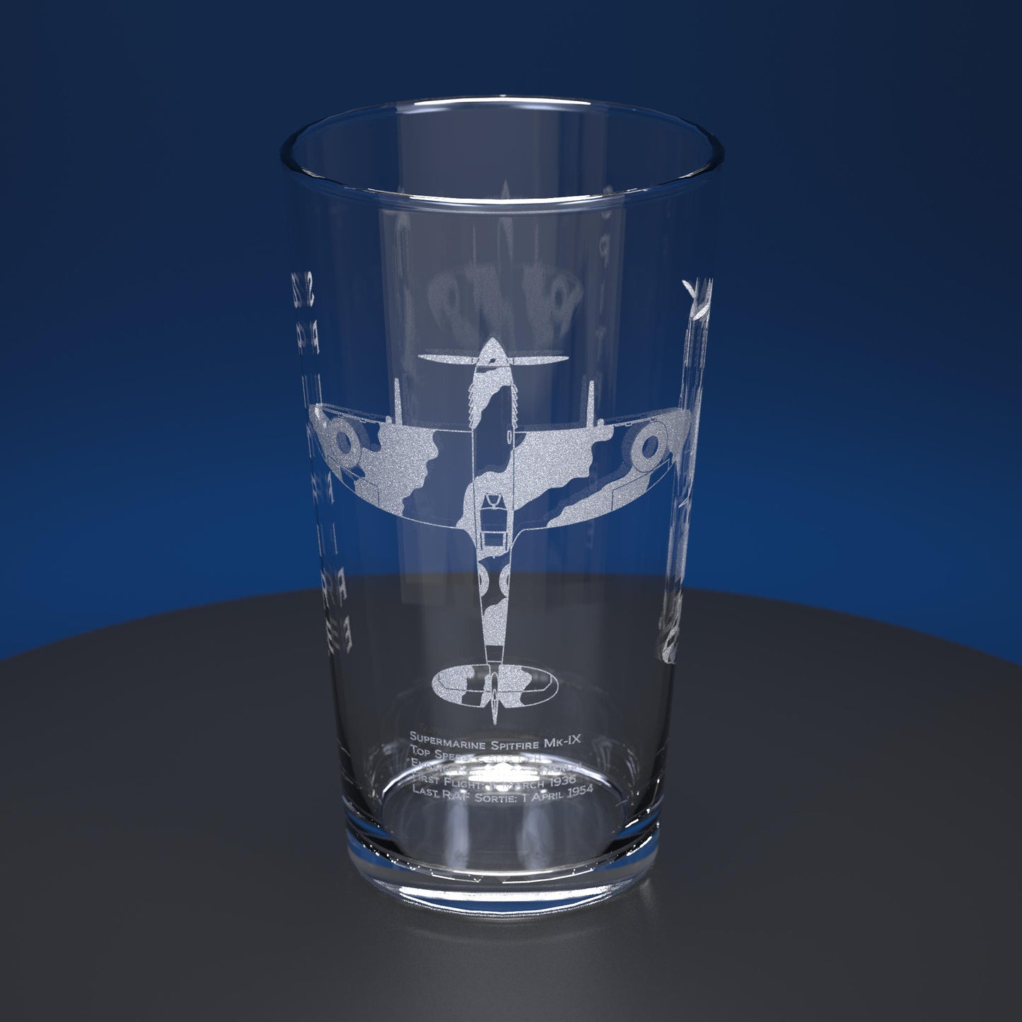 Pint glass engraved with a Spitfire and factual information text