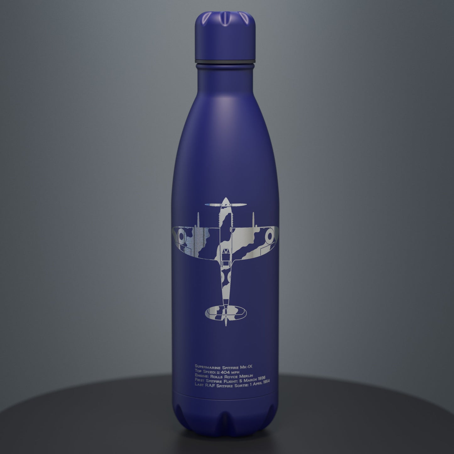 Midnight blue thermal drinks bottle engraved with a Spitfire and factual information