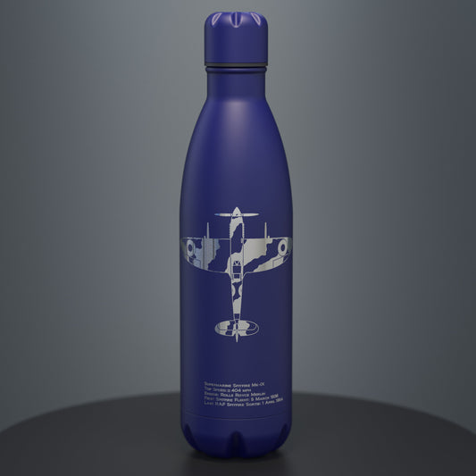 Midnight blue thermal drinks bottle engraved with a Spitfire and factual information