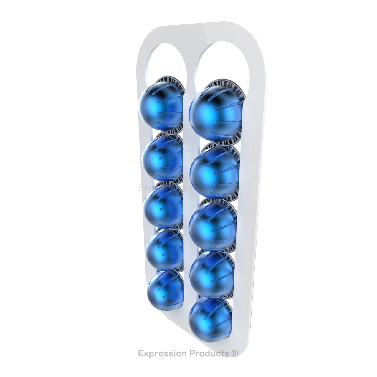 Magnetic Nespresso Vertuo capsule holder shown in white holding 10 pods