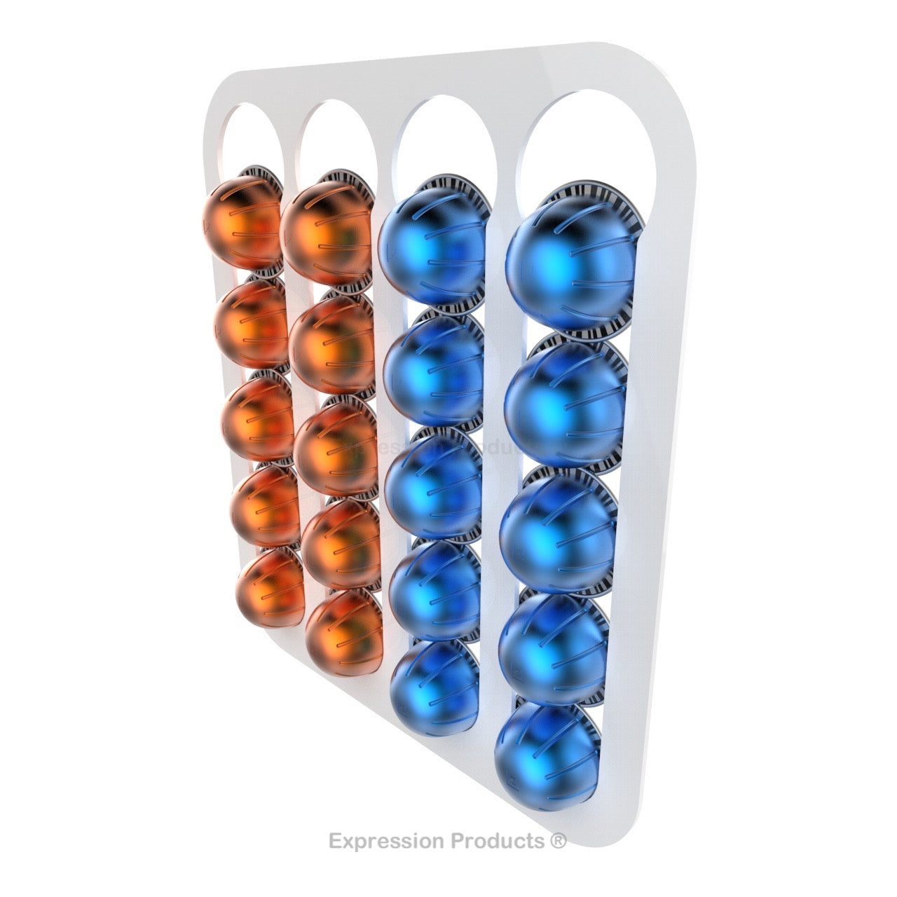 Magnetic Nespresso Vertuo capsule holder shown in white holding 20 pods