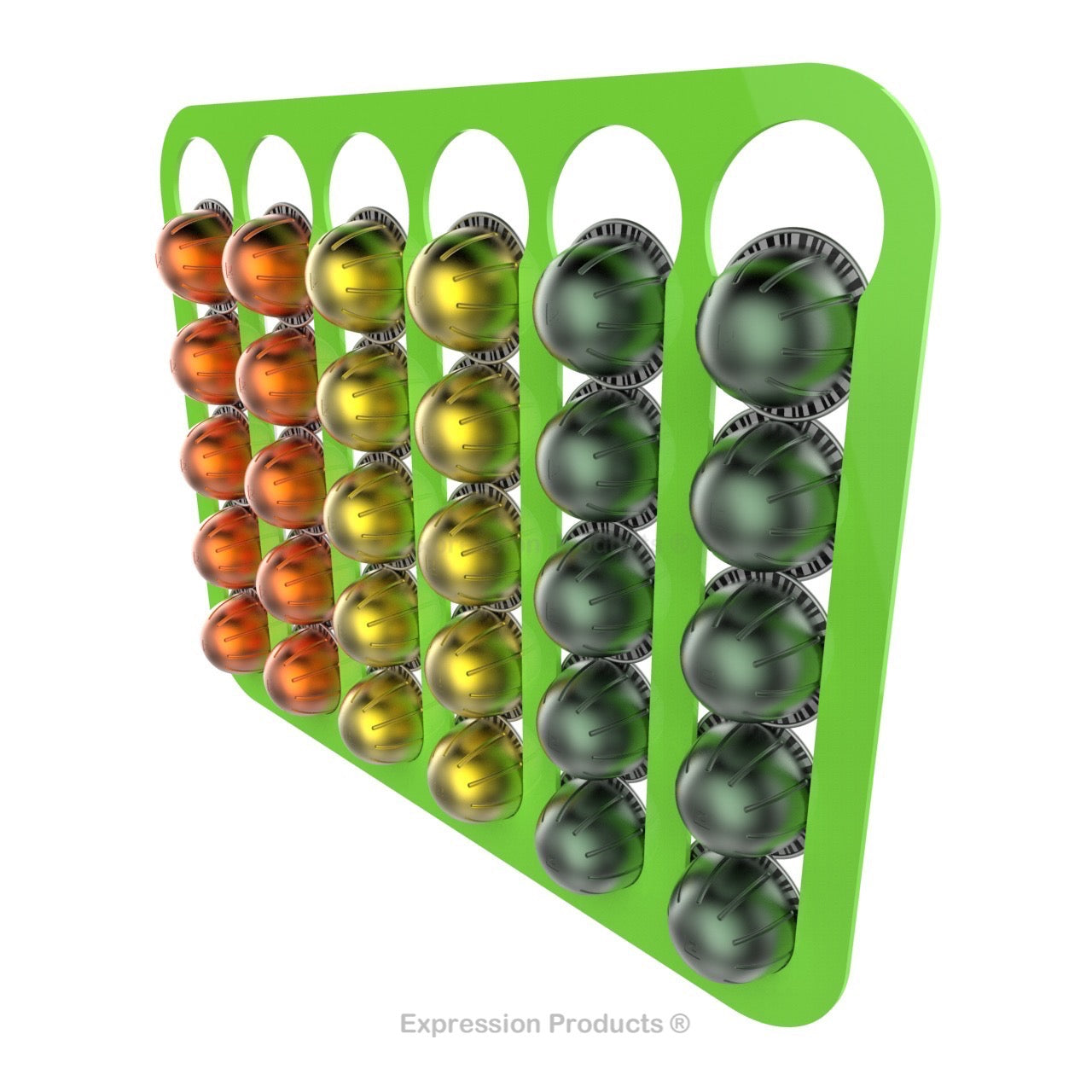 Magnetic Nespresso Vertuo capsule holder shown in lime holding 30 pods