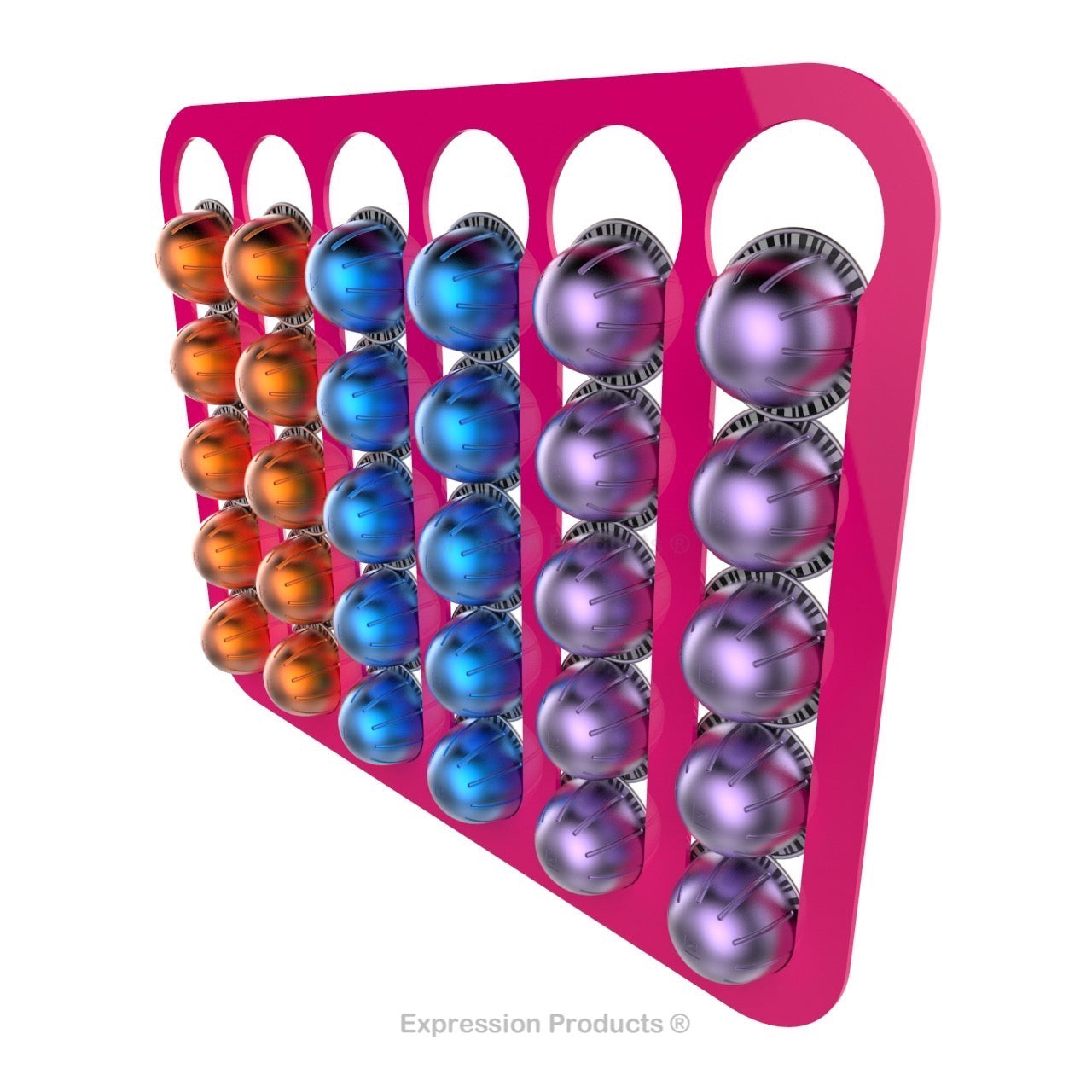 Magnetic Nespresso Vertuo capsule holder shown in pink holding 30 pods