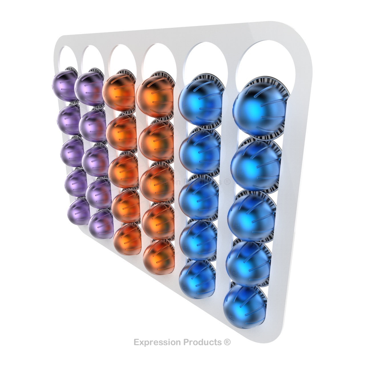 Magnetic Nespresso Vertuo capsule holder shown in white holding 30 pods