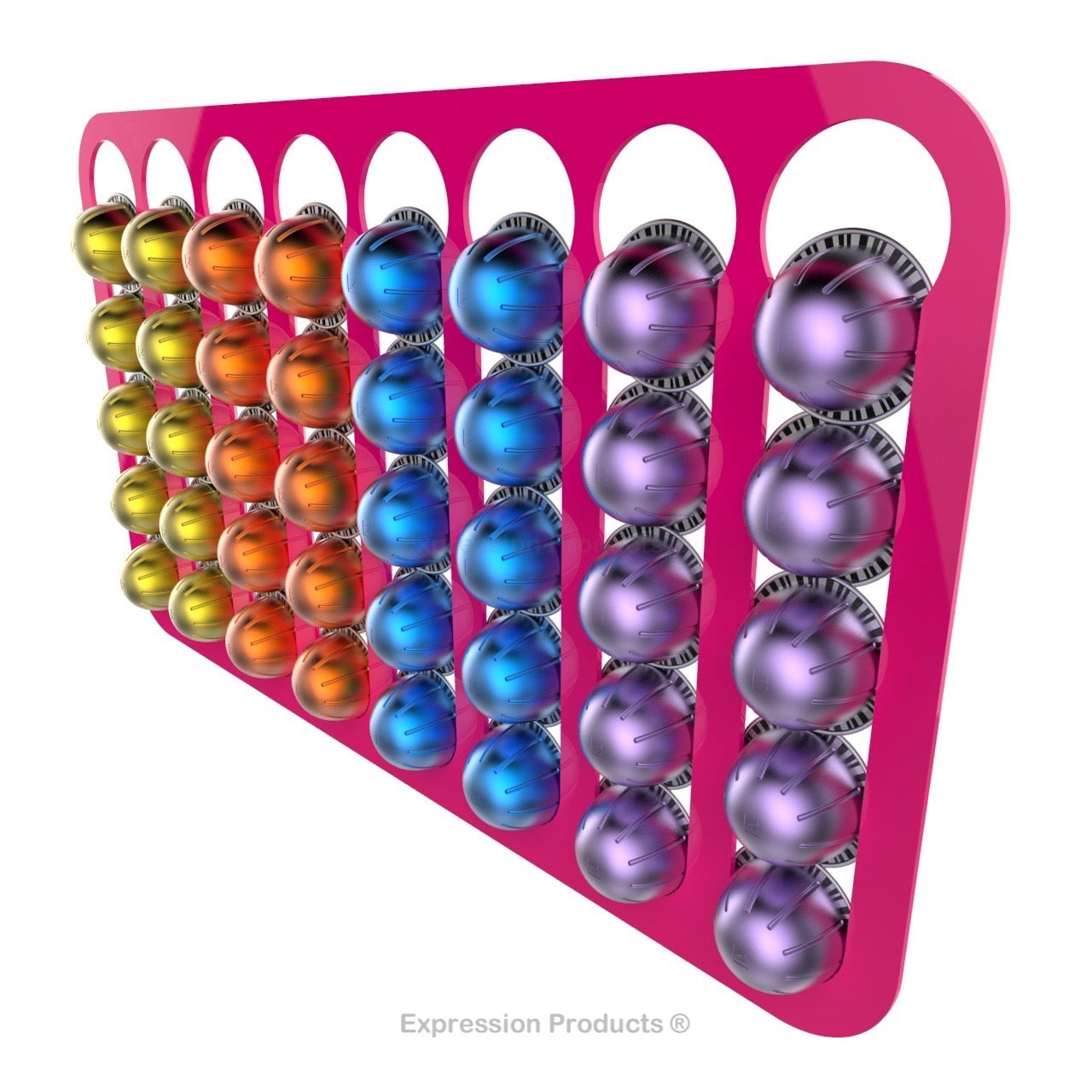 Magnetic Nespresso Vertuo capsule holder shown in pink holding 40 pods