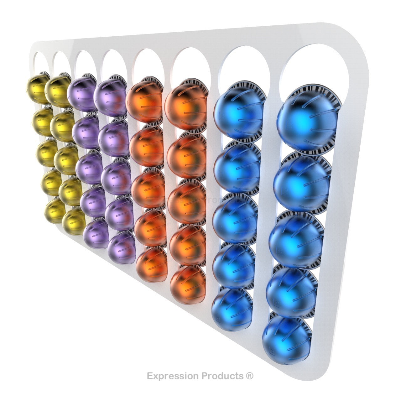 Magnetic Nespresso Vertuo capsule holder shown in white holding 40 pods