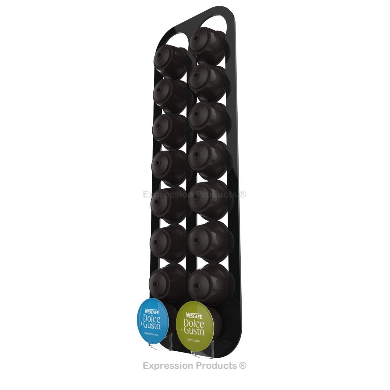 Dolce Gusto Coffee Pod Holder, Wall Mounted. Shown in Black Holding 16 Pods