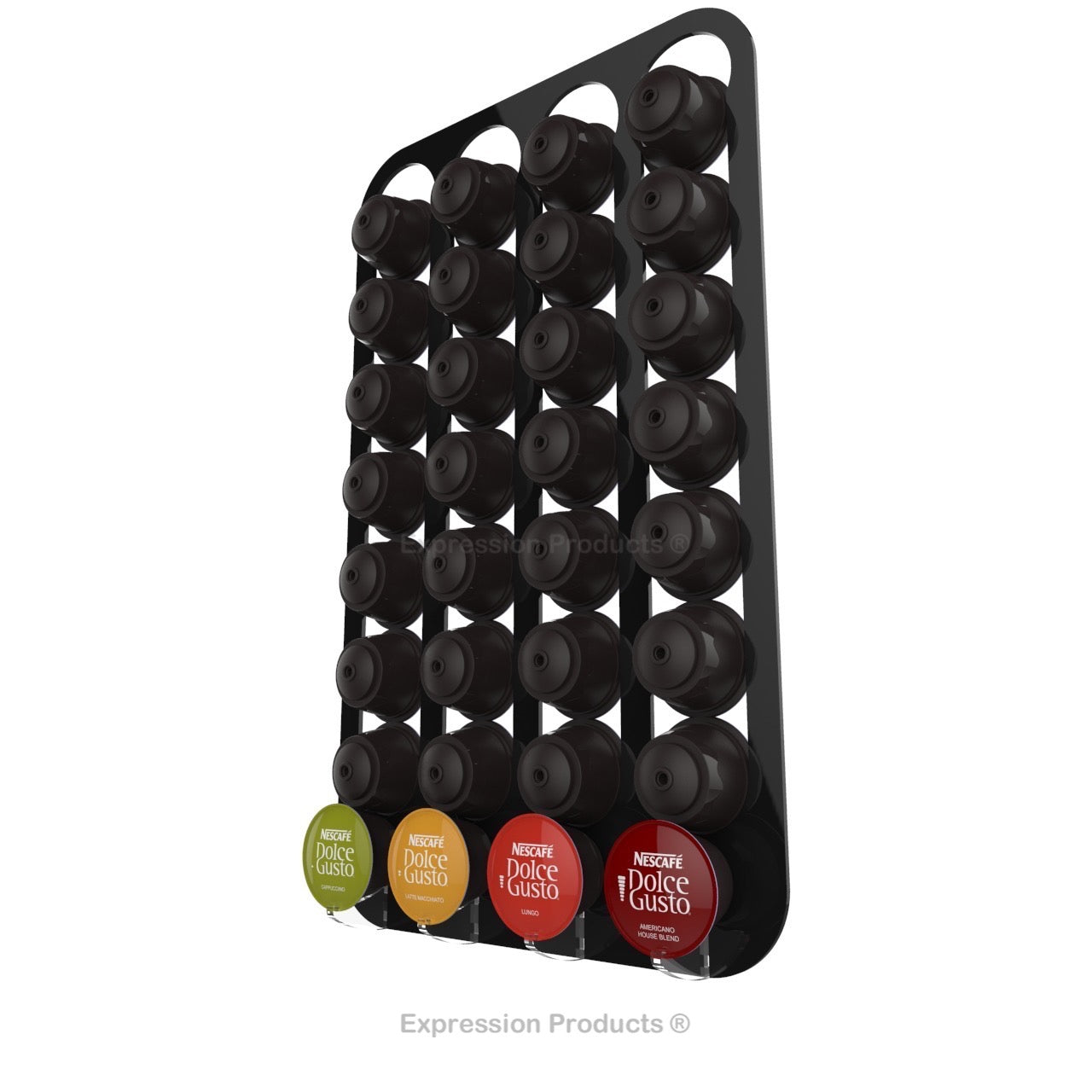 Dolce Gusto Coffee Pod Holder, Wall Mounted. Shown in Black Holding 32 Pods