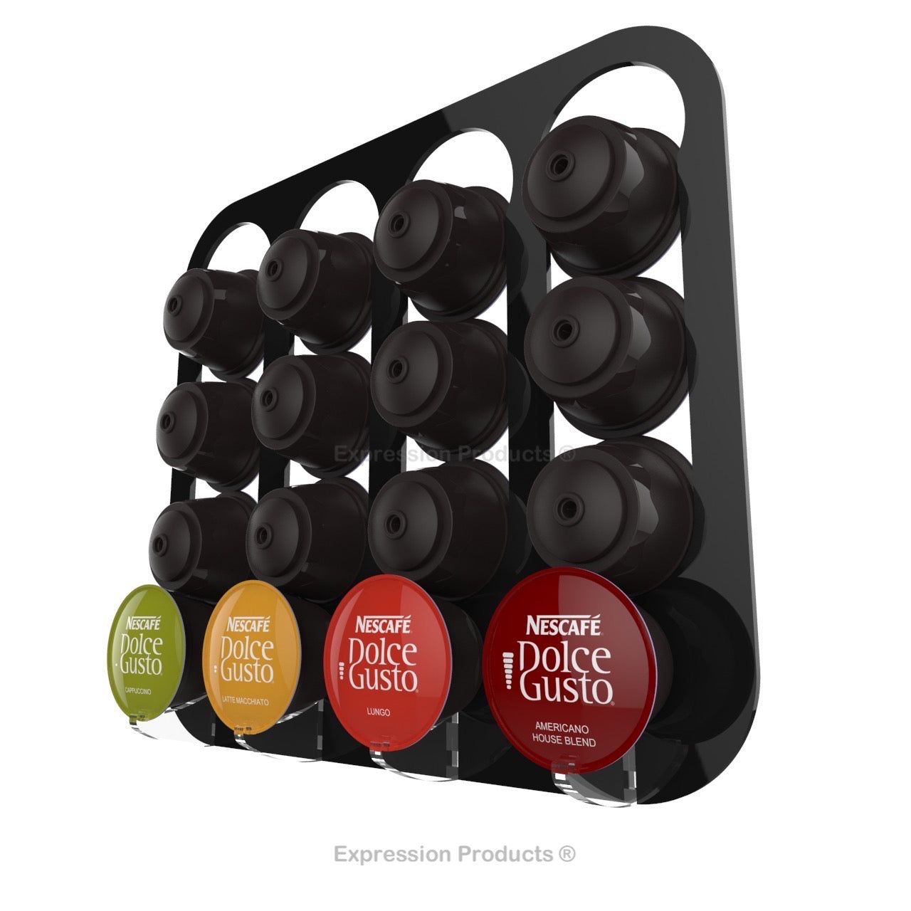 Dolce gusto coffee pod holder, wall mounted, half height. Shown in black holding 16 pods