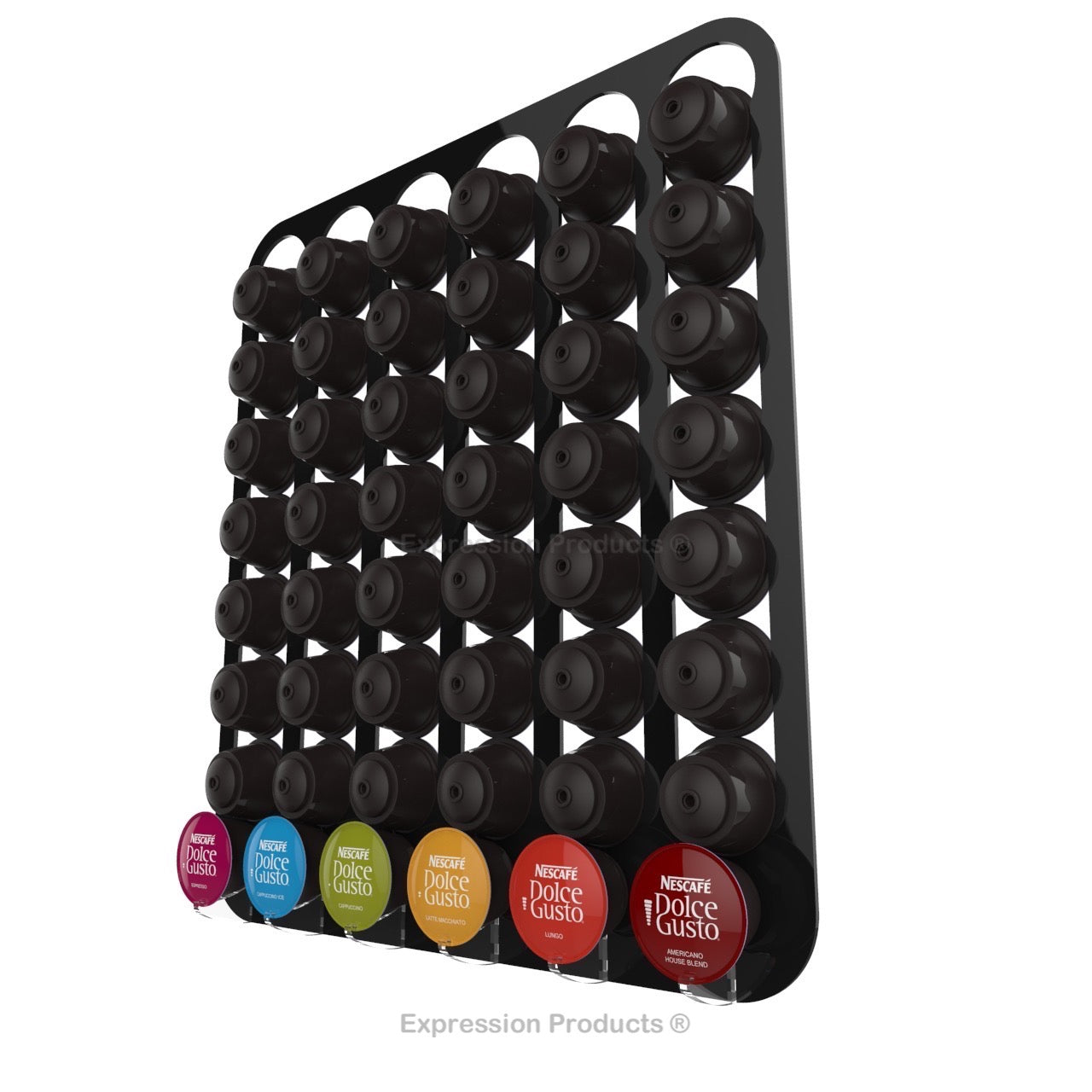 Dolce Gusto Coffee Pod Holder, Wall Mounted. Shown in Black Holding 48 Pods