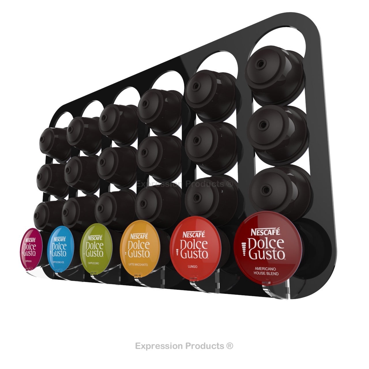 Dolce gusto coffee pod holder, wall mounted, half height. Shown in black holding 24 pods