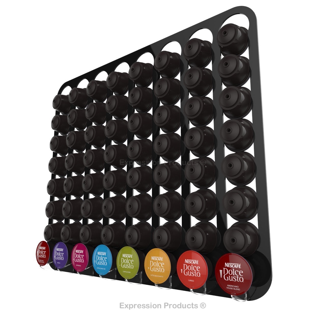 Dolce Gusto Coffee Pod Holder, Wall Mounted. Shown in Black Holding 64 Pods