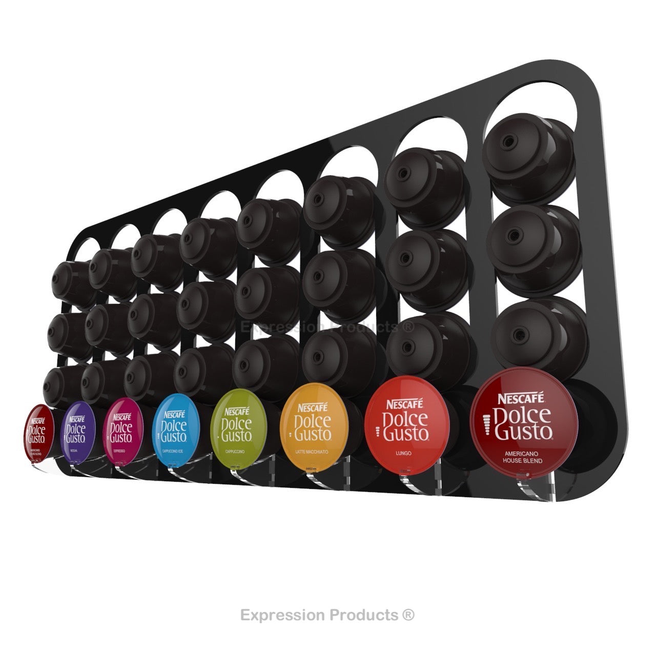 Dolce gusto coffee pod holder, wall mounted, half height. Shown in black holding 32 pods